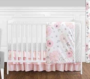 2. Sweet Jojo 4 Pc Blush Pink, Grey and White Watercolor Floral Baby Girl Crib